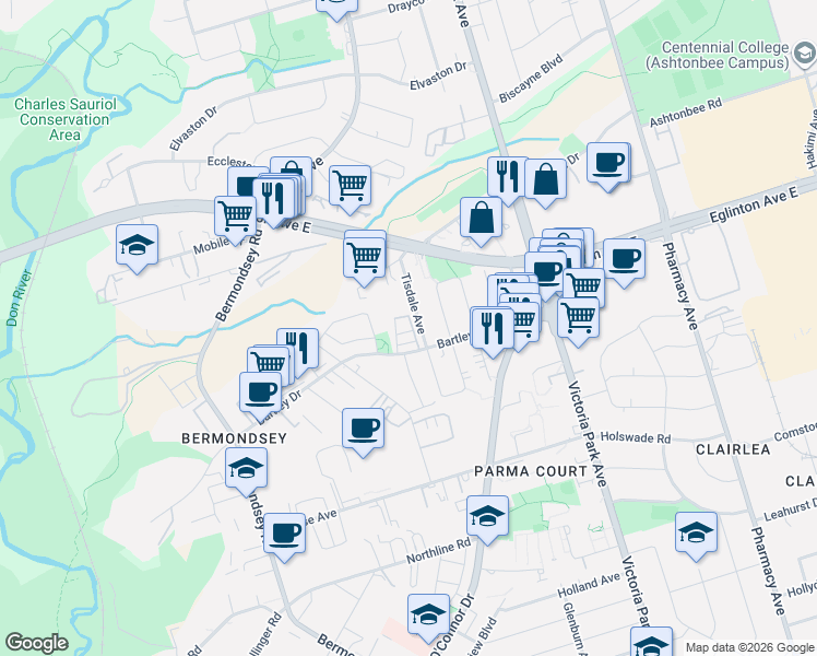 map of restaurants, bars, coffee shops, grocery stores, and more near 10 Spruce Pines Crescent in Toronto