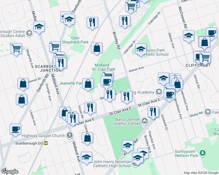 map of restaurants, bars, coffee shops, grocery stores, and more near 33 Andrew Avenue in Toronto