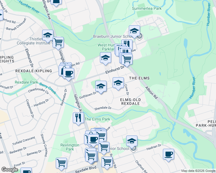 map of restaurants, bars, coffee shops, grocery stores, and more near 46 Golfdown Drive in Toronto