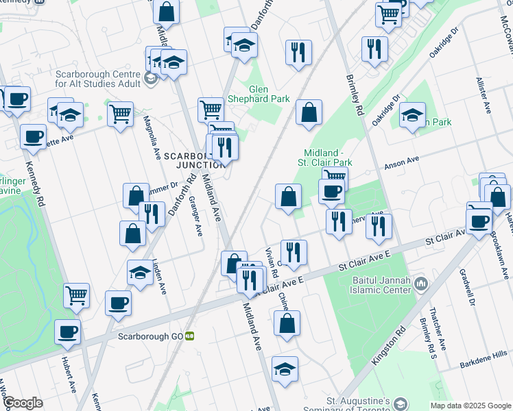 map of restaurants, bars, coffee shops, grocery stores, and more near 107 National Street in Toronto