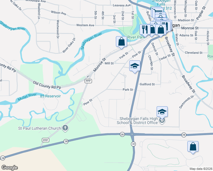 map of restaurants, bars, coffee shops, grocery stores, and more near 904f Monroe Street in Sheboygan Falls