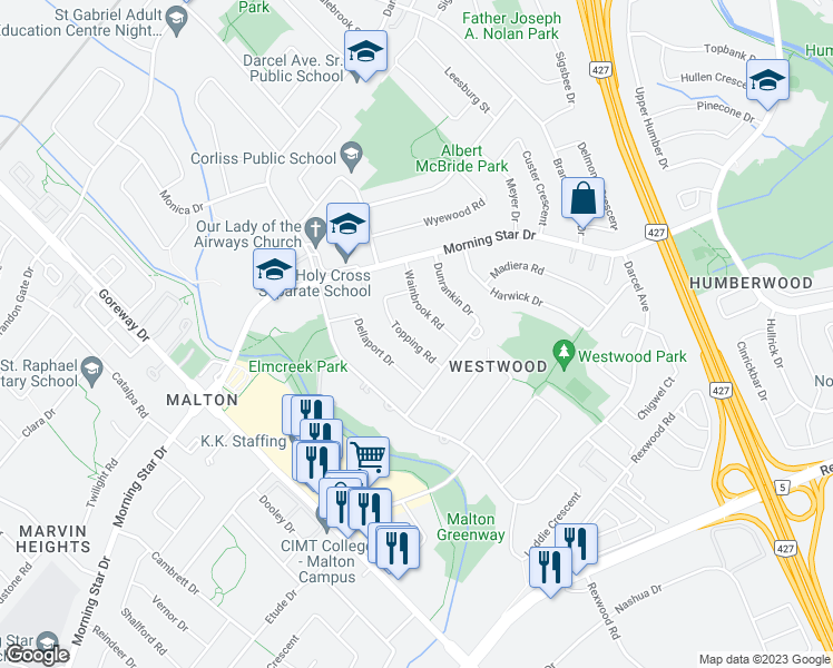 map of restaurants, bars, coffee shops, grocery stores, and more near 7257 Topping Road in Mississauga