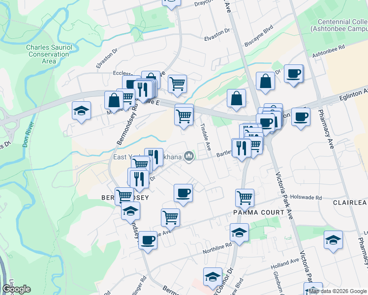 map of restaurants, bars, coffee shops, grocery stores, and more near 99 Sufi Crescent in Toronto