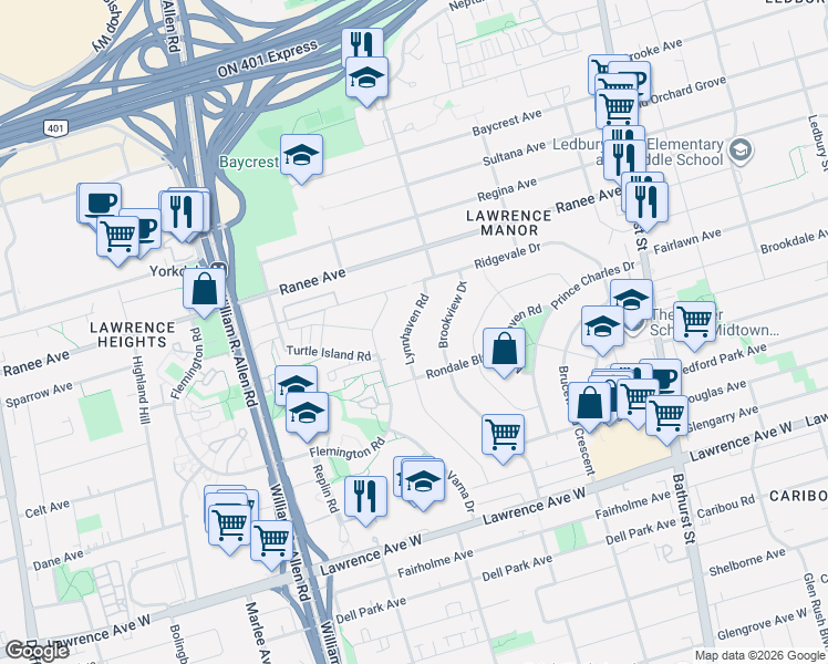 map of restaurants, bars, coffee shops, grocery stores, and more near in Toronto