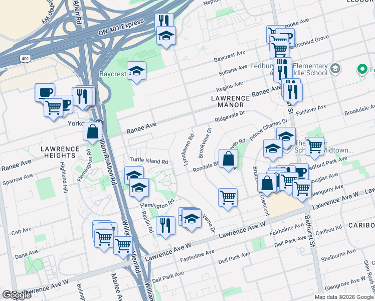 map of restaurants, bars, coffee shops, grocery stores, and more near in Toronto