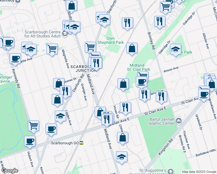 map of restaurants, bars, coffee shops, grocery stores, and more near 107 National Street in Toronto