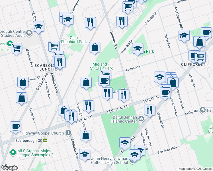 map of restaurants, bars, coffee shops, grocery stores, and more near in Toronto