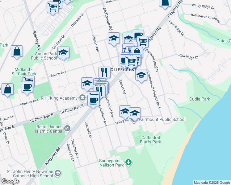 map of restaurants, bars, coffee shops, grocery stores, and more near 99 Neilson Avenue in Toronto