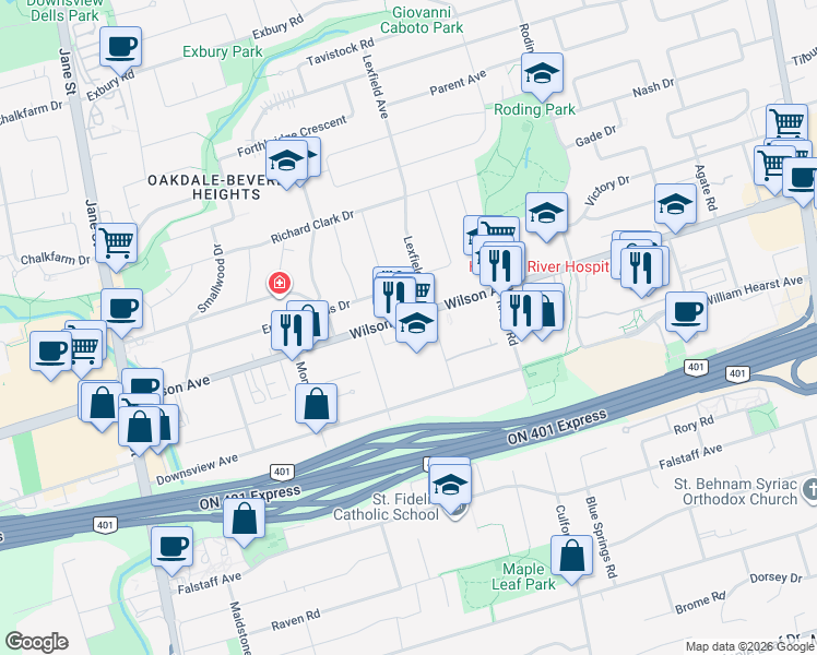map of restaurants, bars, coffee shops, grocery stores, and more near in Toronto