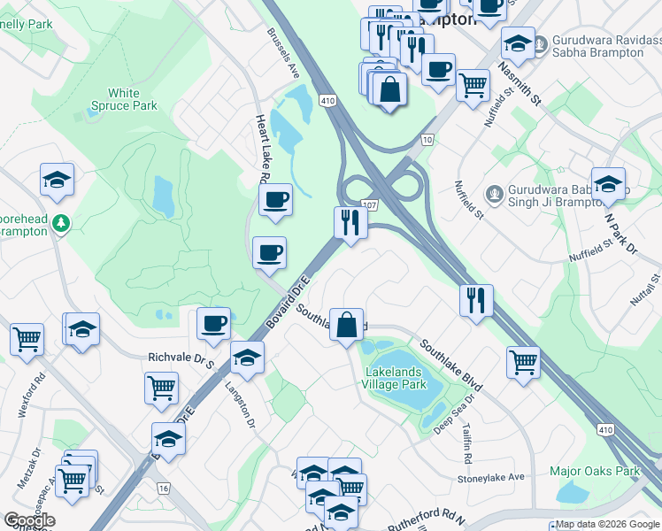 map of restaurants, bars, coffee shops, grocery stores, and more near 30 Deepcoral Court in Brampton