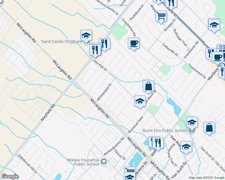 map of restaurants, bars, coffee shops, grocery stores, and more near 38 Whitepoppy Drive in Brampton