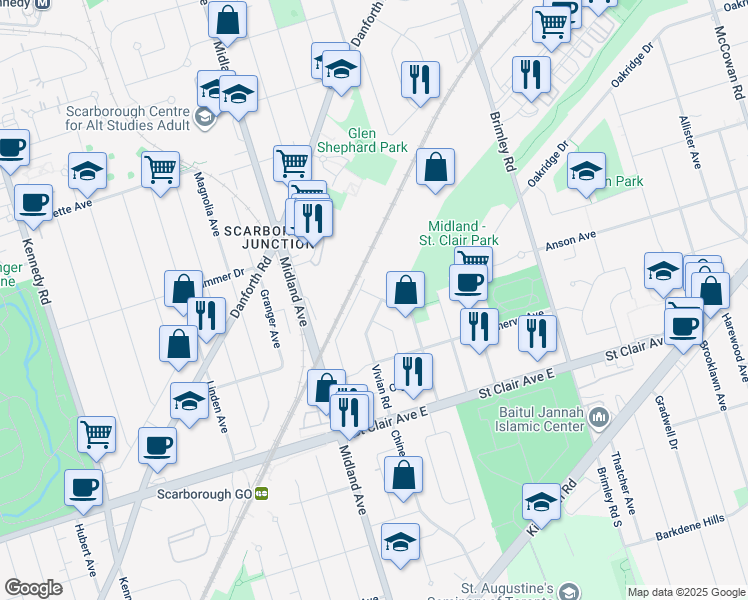 map of restaurants, bars, coffee shops, grocery stores, and more near 88 Vivian Road in Toronto