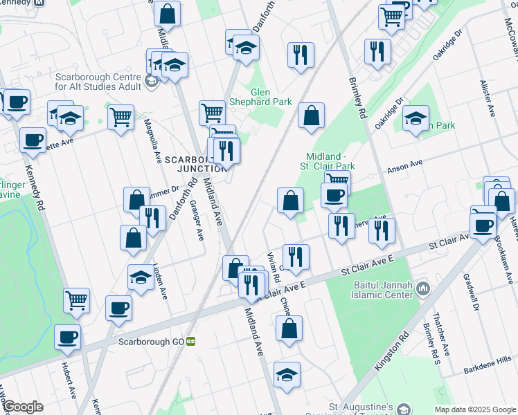 map of restaurants, bars, coffee shops, grocery stores, and more near 111 National Street in Toronto
