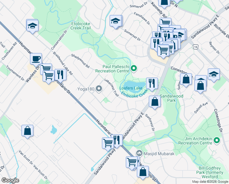 map of restaurants, bars, coffee shops, grocery stores, and more near Lakecrest Trail in Brampton