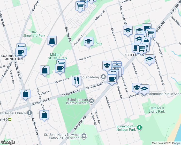map of restaurants, bars, coffee shops, grocery stores, and more near 35 Willamere Drive in Toronto