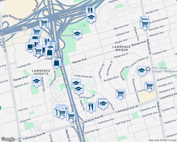 map of restaurants, bars, coffee shops, grocery stores, and more near 22 Deep Roots Terrace in Toronto