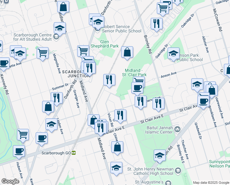 map of restaurants, bars, coffee shops, grocery stores, and more near 67 Jeanette Street in Toronto