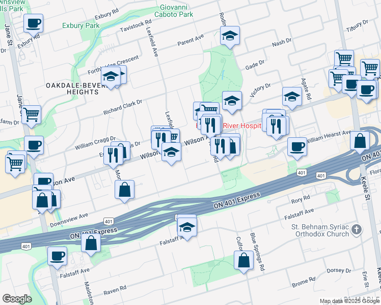 map of restaurants, bars, coffee shops, grocery stores, and more near 1309 Wilson Avenue in Toronto