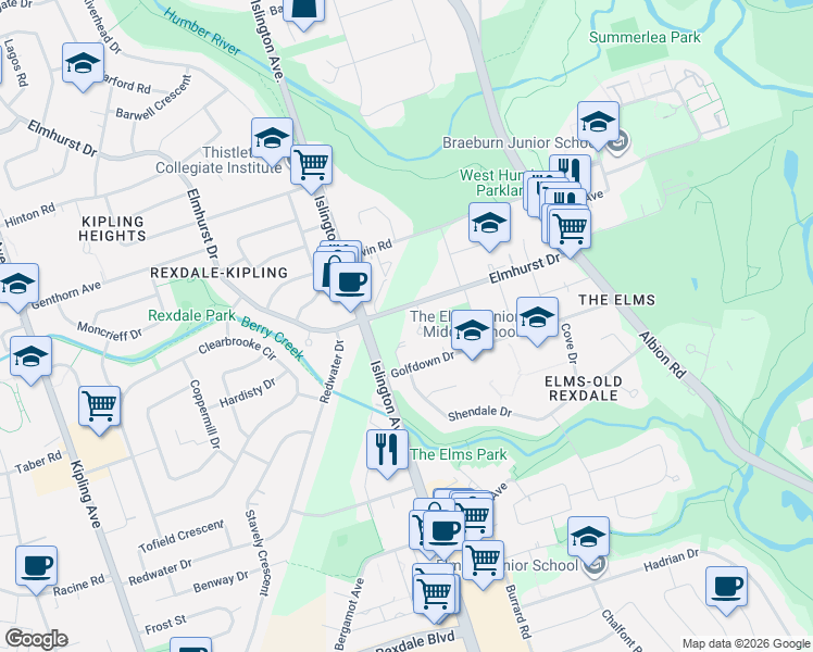 map of restaurants, bars, coffee shops, grocery stores, and more near 6 Urban Court in Toronto