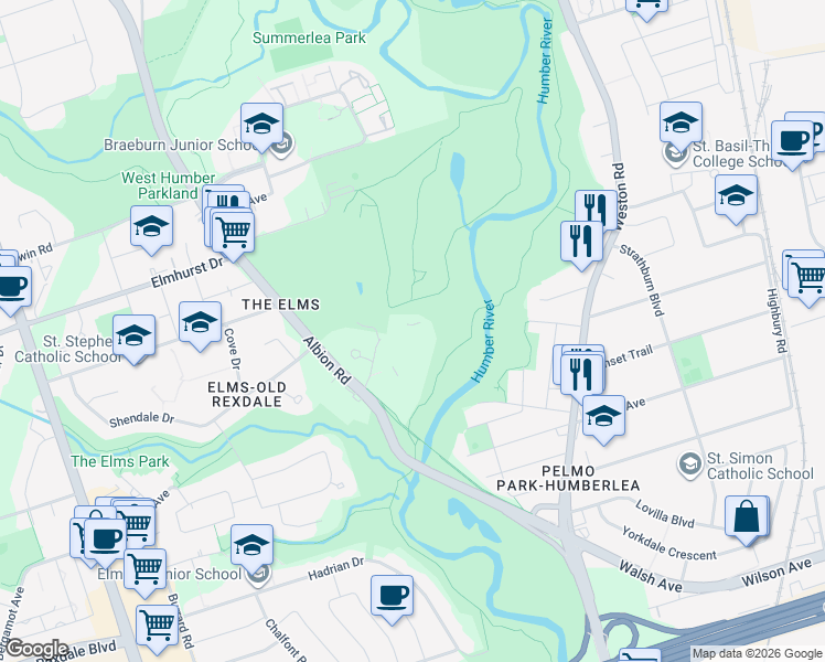 map of restaurants, bars, coffee shops, grocery stores, and more near 238 Albion Road in Toronto