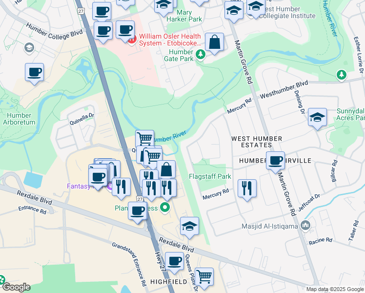 map of restaurants, bars, coffee shops, grocery stores, and more near 89 Mercury Road in Toronto