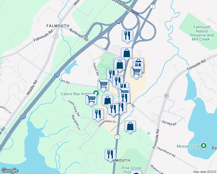 map of restaurants, bars, coffee shops, grocery stores, and more near 240 Route 1 in Falmouth