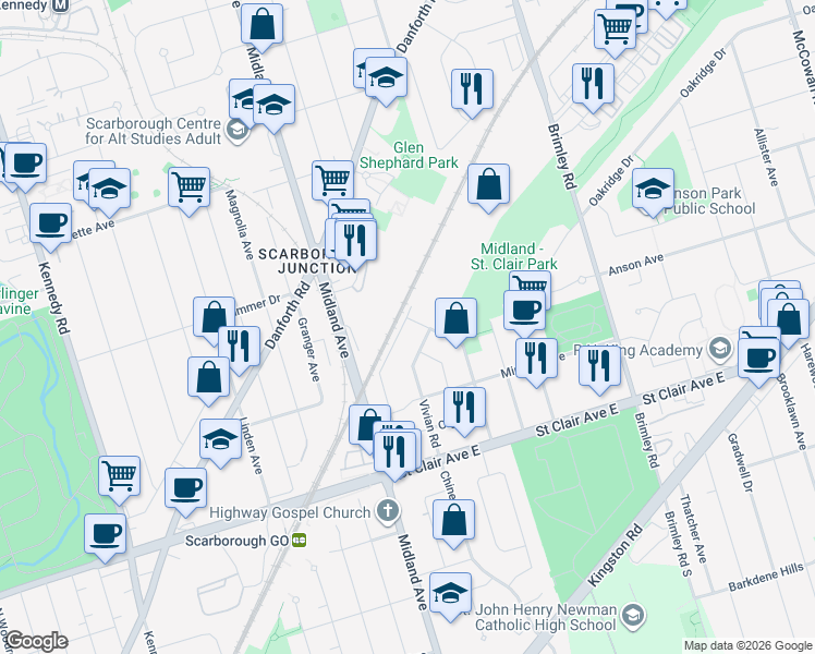 map of restaurants, bars, coffee shops, grocery stores, and more near 113 National Street in Toronto