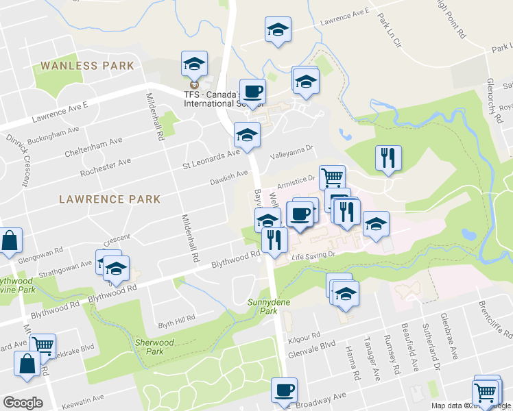 map of restaurants, bars, coffee shops, grocery stores, and more near in Toronto