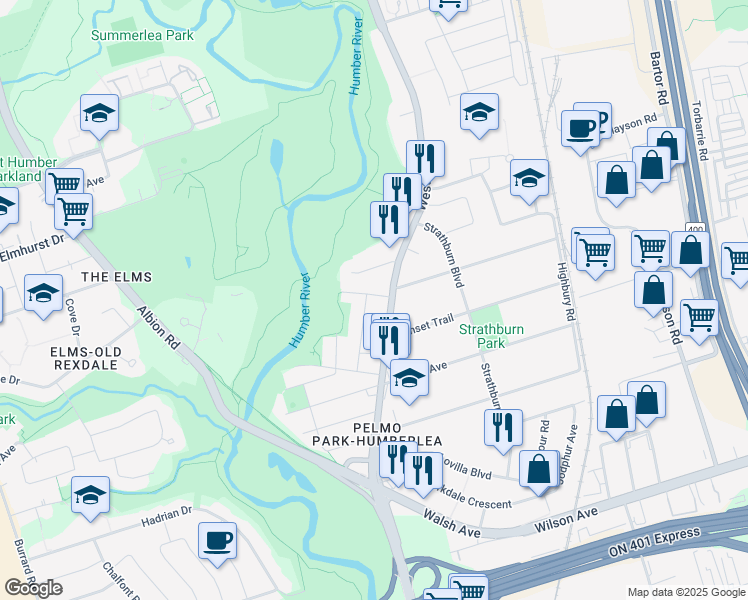 map of restaurants, bars, coffee shops, grocery stores, and more near in Toronto