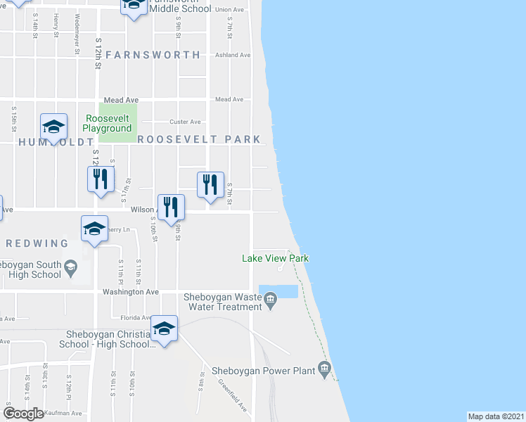 map of restaurants, bars, coffee shops, grocery stores, and more near 530 Wilson Avenue in Sheboygan