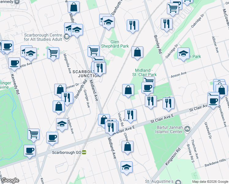 map of restaurants, bars, coffee shops, grocery stores, and more near 115 National Street in Toronto