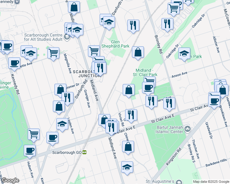 map of restaurants, bars, coffee shops, grocery stores, and more near 115 National Street in Toronto