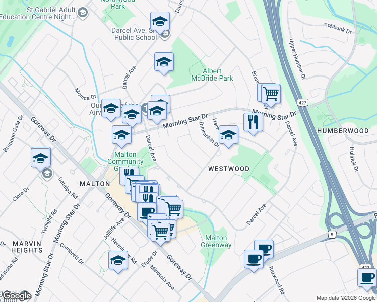 map of restaurants, bars, coffee shops, grocery stores, and more near in Mississauga