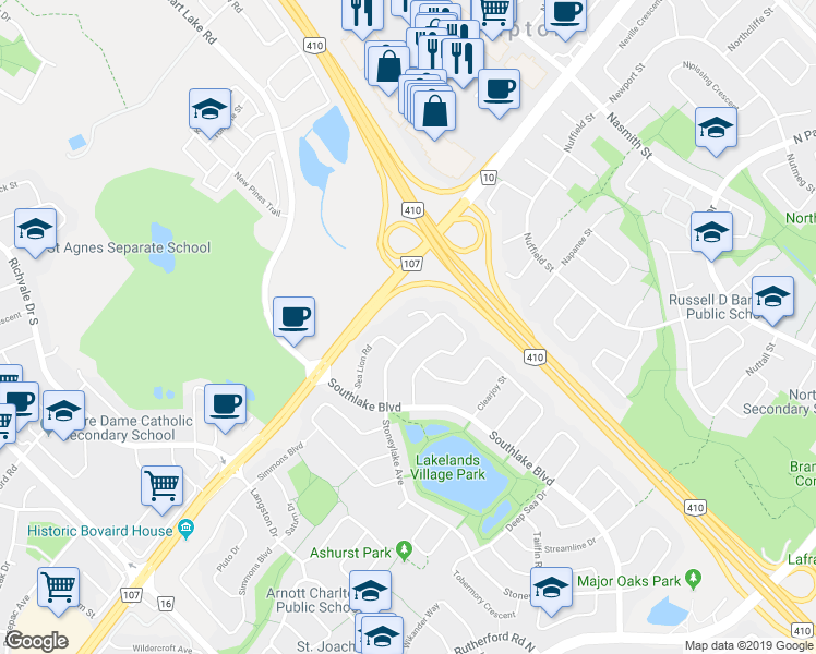 map of restaurants, bars, coffee shops, grocery stores, and more near 18 Deepcoral Court in Brampton