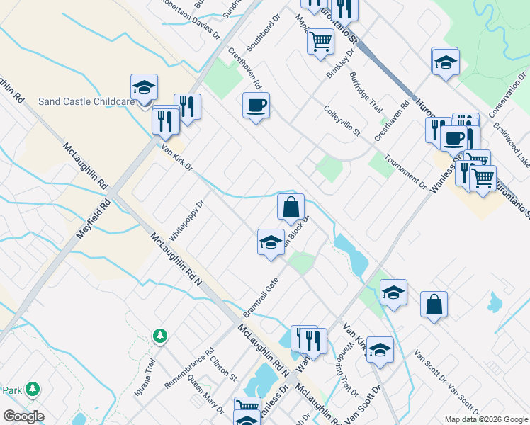 map of restaurants, bars, coffee shops, grocery stores, and more near 84 Game Creek Crescent in Brampton