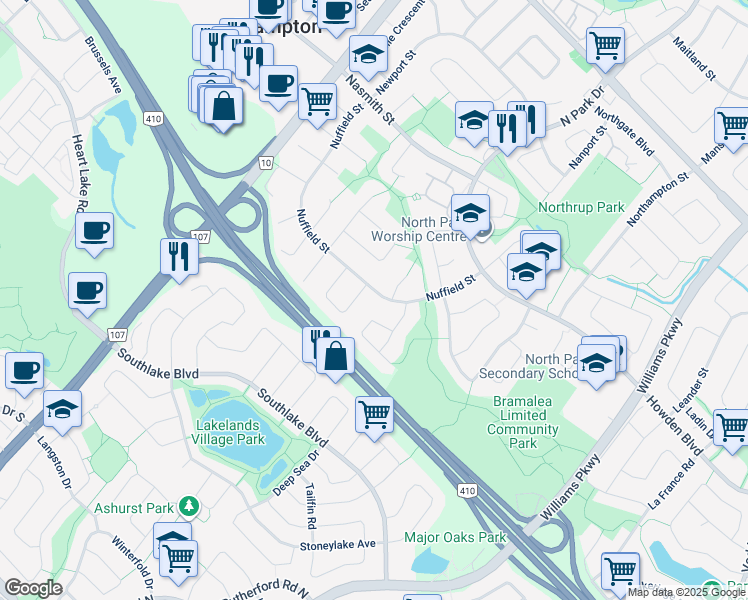 map of restaurants, bars, coffee shops, grocery stores, and more near 56 Nuffield Street in Brampton