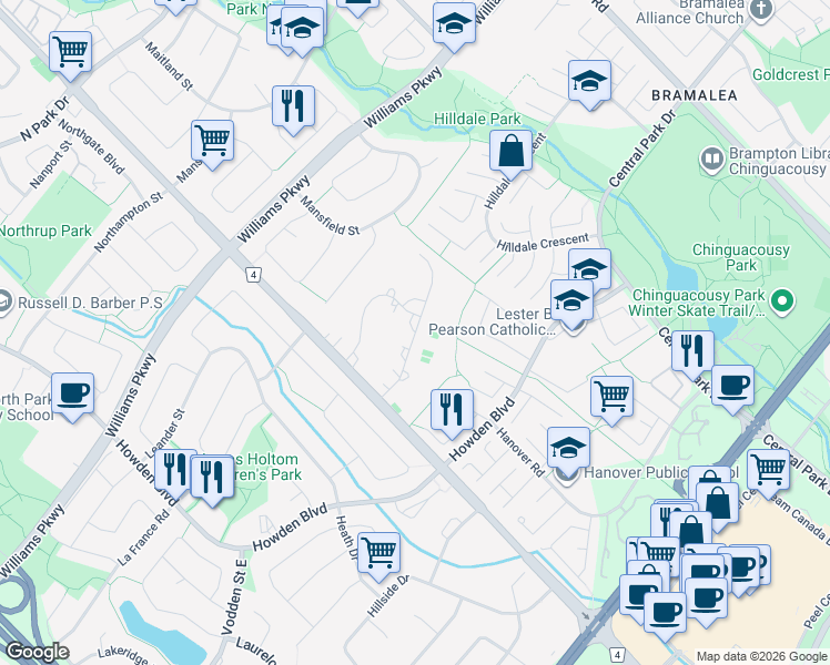 map of restaurants, bars, coffee shops, grocery stores, and more near Crescent Hill Drive South in Brampton