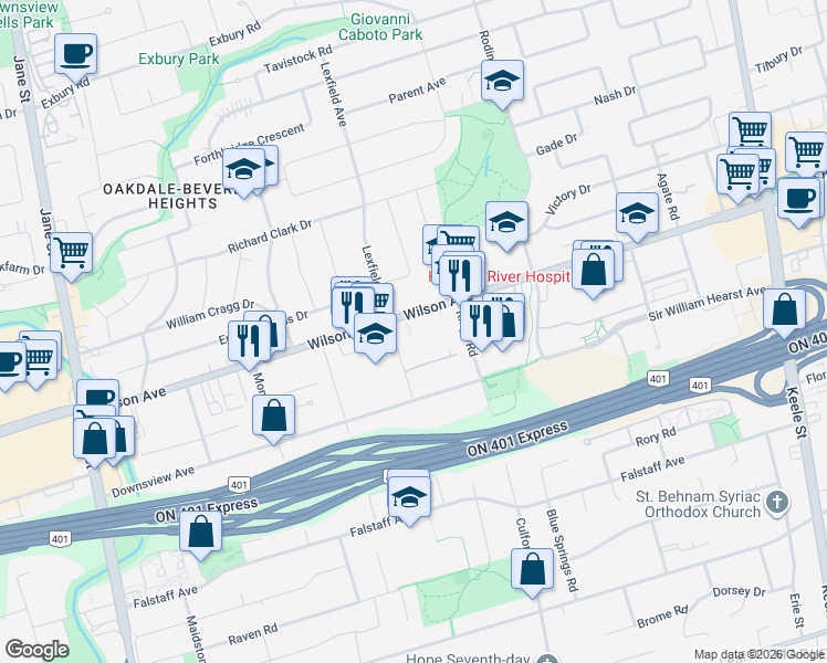 map of restaurants, bars, coffee shops, grocery stores, and more near 1309 Wilson Avenue in Toronto