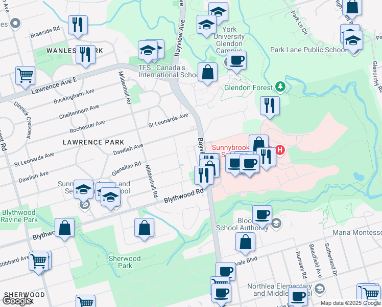 map of restaurants, bars, coffee shops, grocery stores, and more near 40 Hargrave Lane in Toronto