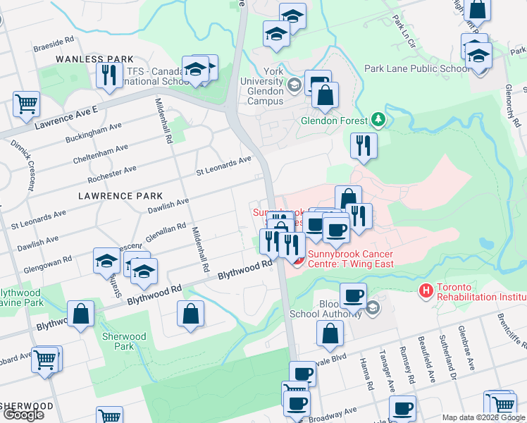map of restaurants, bars, coffee shops, grocery stores, and more near 45 Hargrave Lane in Toronto