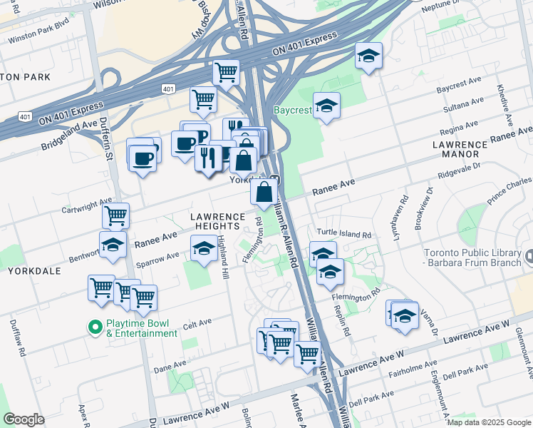 map of restaurants, bars, coffee shops, grocery stores, and more near 160 Flemington Road in Toronto