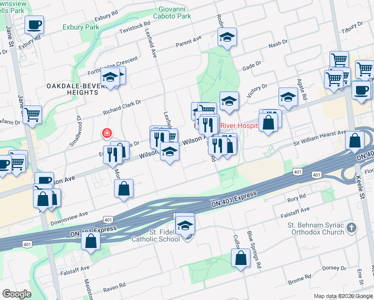map of restaurants, bars, coffee shops, grocery stores, and more near in Toronto