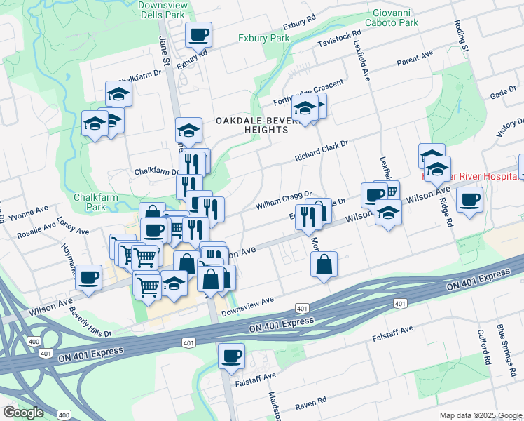 map of restaurants, bars, coffee shops, grocery stores, and more near in Toronto