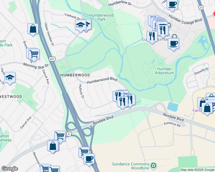 map of restaurants, bars, coffee shops, grocery stores, and more near 47 Thoroughbred Crescent in Toronto