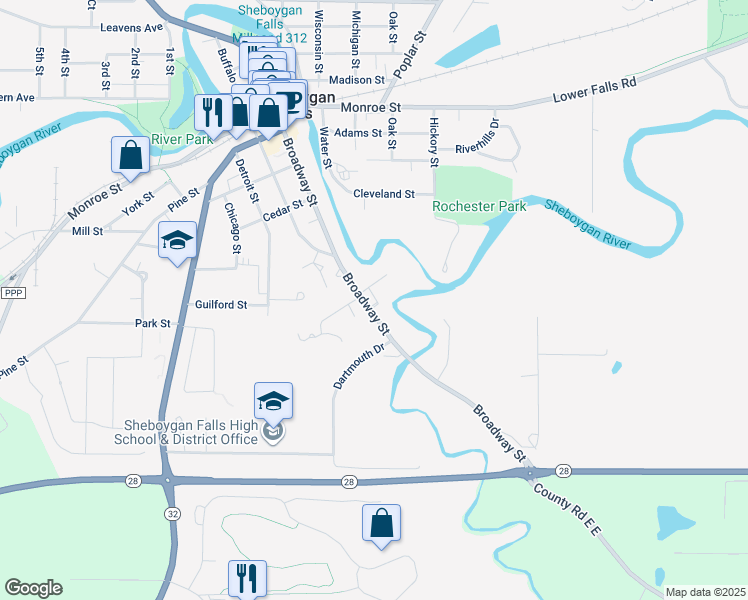 map of restaurants, bars, coffee shops, grocery stores, and more near 103 Evans Court in Sheboygan Falls