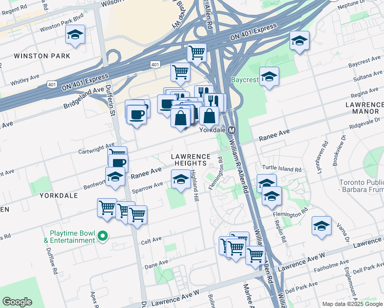 map of restaurants, bars, coffee shops, grocery stores, and more near 87 Highland Hill in Toronto