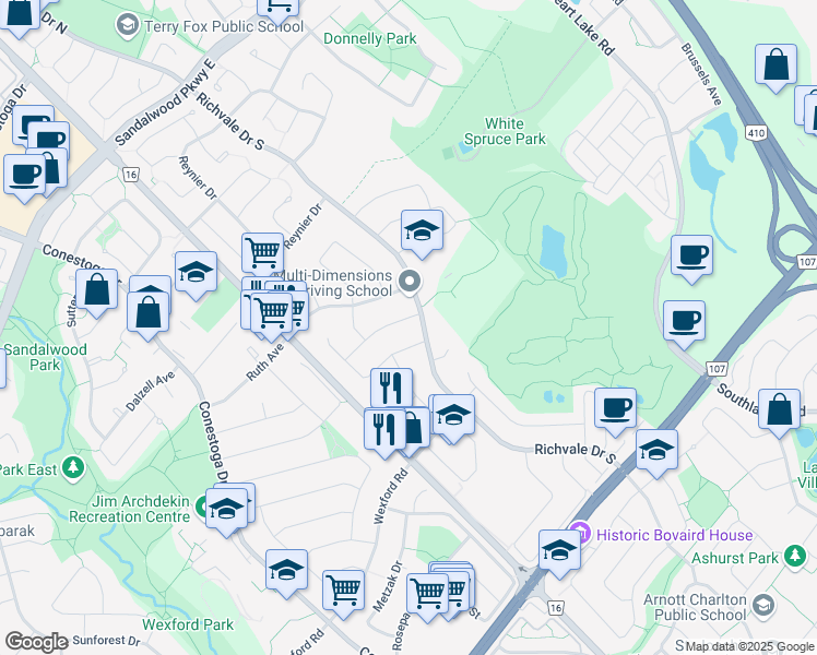 map of restaurants, bars, coffee shops, grocery stores, and more near 85 Cheviot Crescent in Brampton