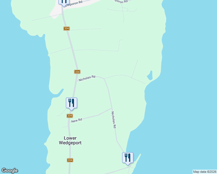 map of restaurants, bars, coffee shops, grocery stores, and more near Nicholas Road in Lower Wedgeport