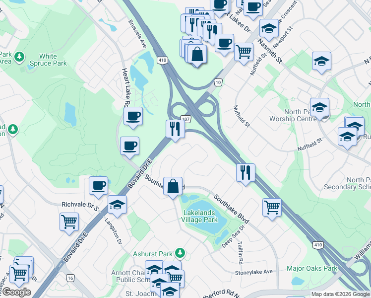map of restaurants, bars, coffee shops, grocery stores, and more near 10 Deepcoral Court in Brampton