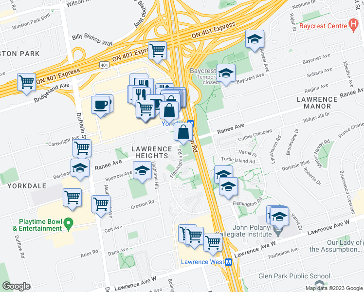 map of restaurants, bars, coffee shops, grocery stores, and more near 150 Flemington Road in Toronto
